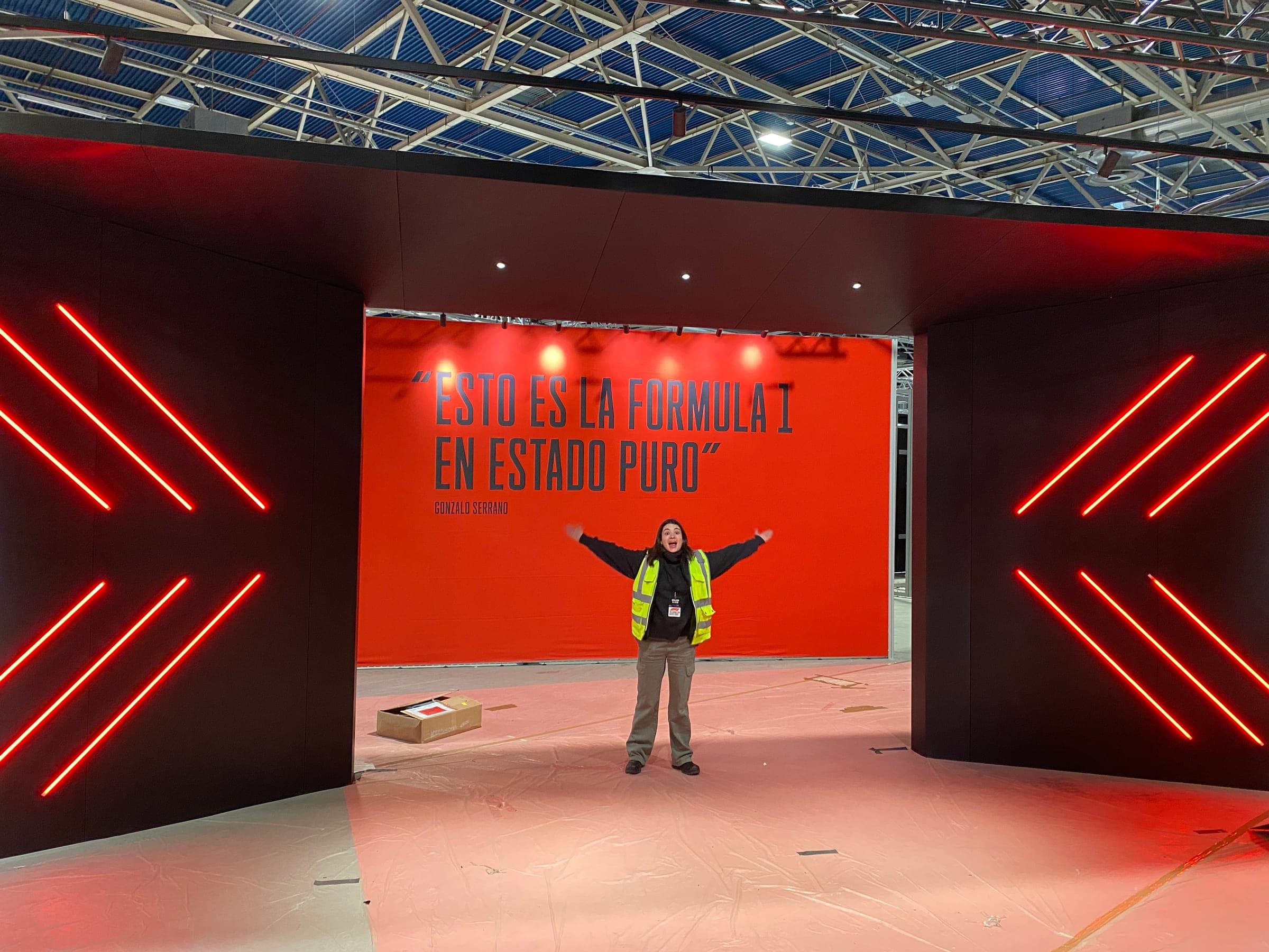 The red entrance tunnel of the Formula 1 Exhibition in Madrid, mid build