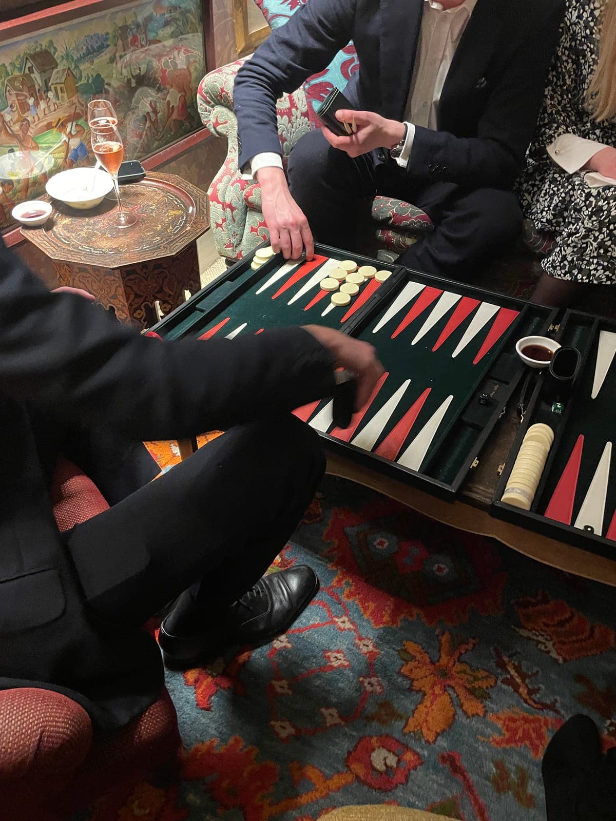 A backgammon board mid game