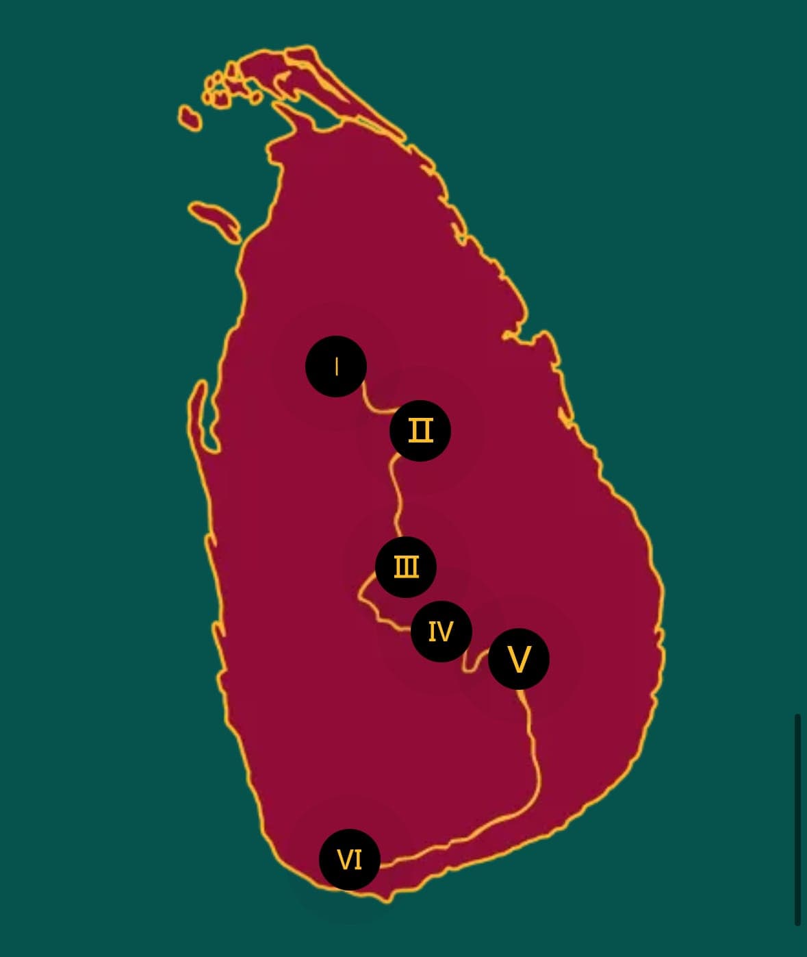 The route map of the Sri Lanka charity race, six legs marked